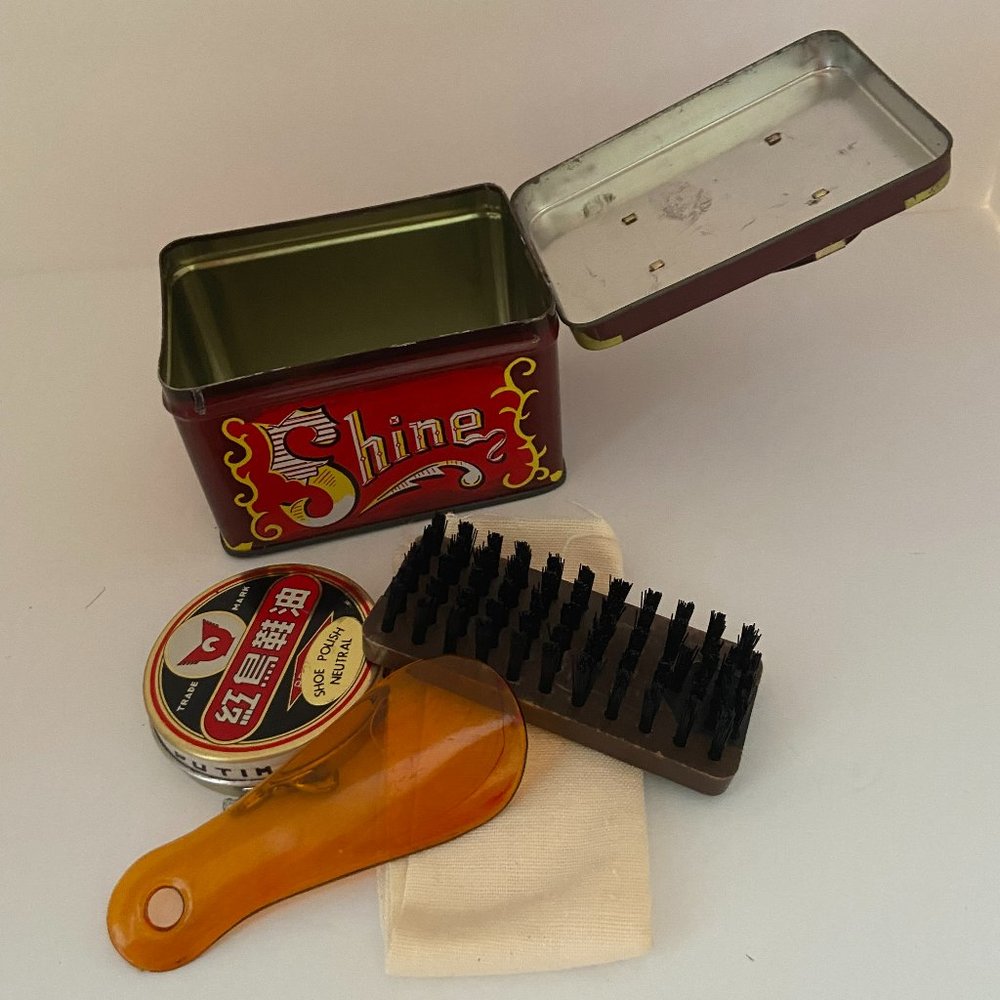 Vintage Small Shoe Shine Tin with Brush, Cloth, Shoe Horn, & Polish